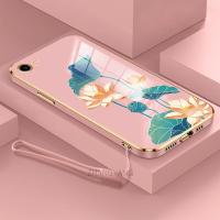 เคสสำหรับ OPPO A83เคสโทรศัพท์ดีไซน์ใหม่ดอกบัวหลากสีฝาหลังเคสนิ่มเคลือบอิเล็คโทรเพลทกล่องกันกระแทก TPU ซิลิโคนพร้อมฟรีสายคล้อง