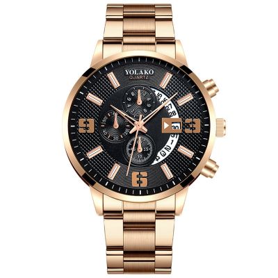 YOLAKO นาฟิกาข้อมือ นาริฬาผู้ชาย นาฬิกาธุรกิจ สายสแตนเลสชุบทองอย่างดี สีเงิน สีทอง Luxury Watch Menของแท้ มีวันที่บอก กันน้ำ30m มีหลายสีให้เลือก