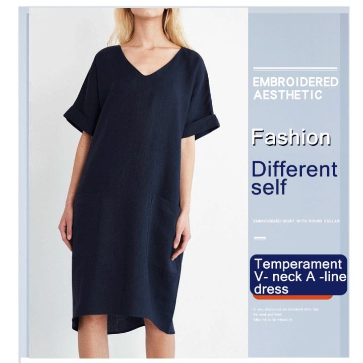 temperament-v-neck-a-line-dress-summer-european-and-american-temperament-womens-clothing-collage-short-sleeved-skirt-dress