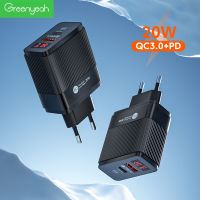 Greenyeah เครื่องชาร์จ PD 20W Type C แบบเร็ว3.0 USB อะแดปเตอร์ชาร์จในรถยนต์ดิจิตอลชาร์จเร็ว Type C เครื่องชาร์จติดผนัง