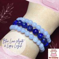 สร้อยข้อมือหินแบบสามเส้น Triple String Blue Lace Agate &amp; Lapis Lazuli กำไลหินนำโชค ข้อมือหินมงคล Cute Size 6.5/8.5 มิล