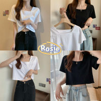 Rosie? พร้อมส่ง?เสื้อยืด ครอปท็อป แขนสั้น ทรงหลวม ทรงสี่เหลี่ยม สีพื้น เสื้อยืด คอสี่เหลี่ยม แบบเข้ารูป สำหรับผู้หญิง