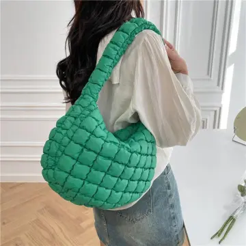 Casual Large Capacity Tote Shoulder Bags Designer Ruched Handbag Nylon  Quilted Padded Crossbody Bag Female Big Purse (Green)