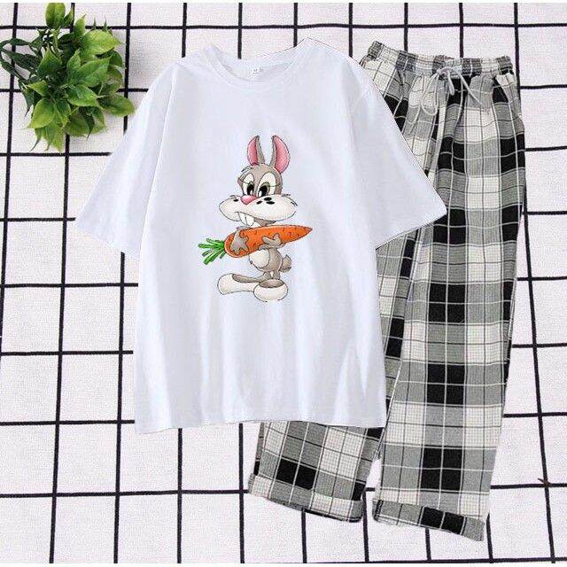 Sét Bộ Đồ Quần Áo Nữ Đẹp Giá Rẻ Xinh Cute, Áo Thun Phông Cotton Organic In  Thỏ Ăn Cà Rốt Kèm Quần Thô Kẻ & Jogger Kaki Áo Thun Phông Cotton