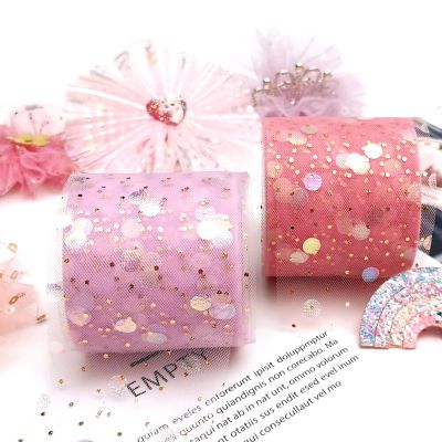 6cm 25yards Dotted Tulle Ribbon Rolls Golden Iridescent Sequin Printed Organza Net Fabric Film for DIY Handmade Hairbows Flowers Gift Wrapping  Bags