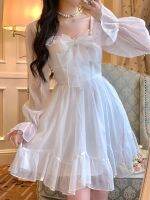 【hot】 Deeptown Fairycore Corset French See Through Ruffle Bow Sleeve Prom Dresses