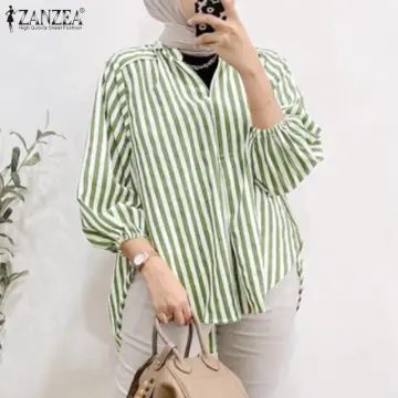 ZANZEA Women Long Sleeve Stripe Shirt Casual Loose Tops Button Up