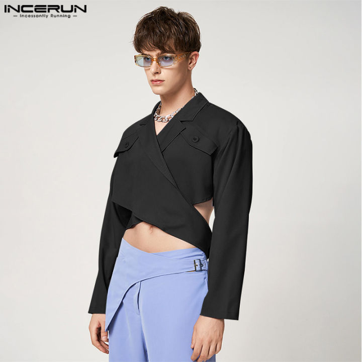 incerun-เสื้อเบลเซอร์แขนยาวสำหรับผู้ชายเสื้อแจ็กเก็ตสั้นมีเชือกผูกเสื้อยืดเสื้อท่อนบน-สไตล์ตะวันตก