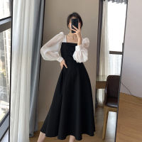 [Women Clothing.] เสื้อผ้าไอจี เดรสสีดำแขนยาวผู้หญิงใหม่ประกบคอเหลี่ยมชุดฝรั่งเศสย้อนยุคตาข่ายกระโปรง