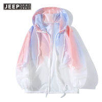 JEEP SPIRIT เสื้อฮู้ดคู่วัยรุ่นแบบหลวม,ไล่ระดับสีสไตล์ฮ่องกงบางเฉียบป้องกันรังสีอัลตราไวโอเลตเสื้อผ้าป้องกันแสงแดดเสื้อผ้าแว่นกันแดดตกปลาผู้ชายเสื้อผ้าผิวของผู้ชาย