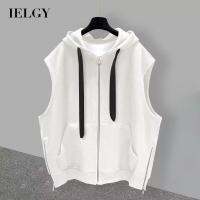 IELGY เสื้อกั๊กลำลองสีทึบเสื๊อกั๊กแขนกุดมีฮู้ดหลวมสำหรับผู้ชาย