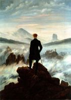 Caspar David Friedrich: คนพเนจรเหนือทะเลโปสเตอร์ภาพตกแต่งผ้าไหมที่มีหมอก