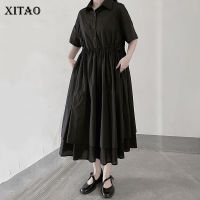 XITAO Dress Fashion Casual Loose  Black Draw Shirt Dress