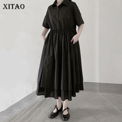 XITAO Dress  Casual Loose  Black Draw Shirt Dress