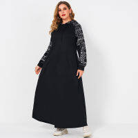 Dresses Woman Summer 2022 Plus Size Casual Silver Letter Print Long Sleeve Stitching Hooded Drawstring Loose Sport Black Dress