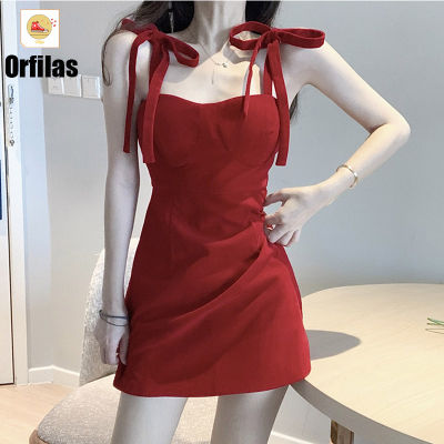 Orfilas 🍒กระโปรง เดรสปาดไหล่สีแดงแนววินเทจ เดรสสายเดี่ยวสุดเซ็กซี่ กระโปรงทรงสลิมฝรั่งเศส ชุดผู้หญิงเซ็กซี่ ชุดลูกไม้ขึ้น Red Dress 🎈