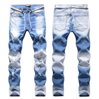 COOL Chaopai Amiri High Street Chaomen Spring Light Blue 3D Cat Beard Knee Hole High Elastic Slim Fit Jeans Male