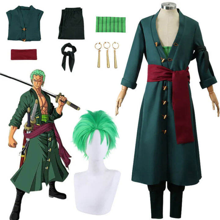 Anime Roronoa Zoro Cosplay Costume Kimono Coat Pants Wig Full Set ...