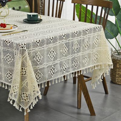 Design Hollow-out Lace Table Cloth with Tassel Decorative Dining Room Table Cover New Pattern Macrame Lace Tablecloth