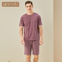 Summer New Mens Cotton Solid Color Short Sleeve Round Collar Top Stripe Shorts Home Set Simple Sleepwear Home Suit