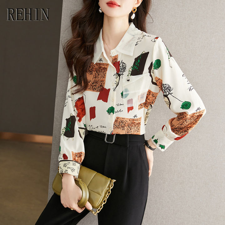 rehin-เสื้อแขนยาวสำหรับผู้หญิง-เสื้อคอปกทรงหลวมพิมพ์ลายเสื้อชีฟอง