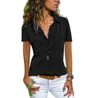 ✁۞  Elegant Fashion Woman Blouses 2022 Lapel Solid Color V Neck Short Sleeve Women Shirt Blouse Black S-8XL Top Women Clothing