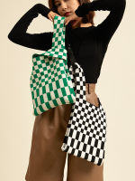 ตลาด Checkerboard แบรนด์เล็ก Tote Shopper กระเป๋าถือถักสีดำสีขาวลายสก๊อตกระเป๋าสะพายไหล่พร้อมสายคล้องถอดได้