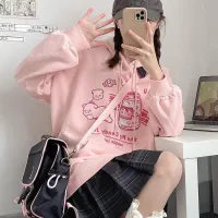 MINGLIUSILI Cartoon Print Kawaii Hoodie Autumn and Winter Fashion Plus Velvet Pullover Women Cute Plus Size Pink Anime Clothes