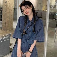 COD jfdss [Ready Stock] suit girl clothes set crop top denim short Suit Korean Version Denim polo Collar Short Sleeve Shorts Summer New Style Western Two-Piece Shorts Jacket Loose Small Fashion Slimmer Look