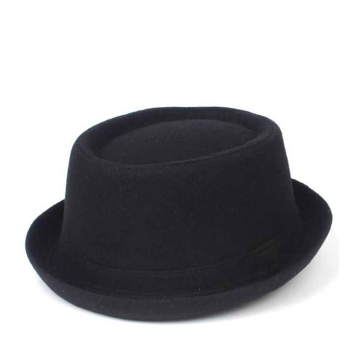 หมวกคุณพ่อขนสัตว์100-หมวกผู้ชายปีกกลมแบนผู้ชายสำหรับหมวกฟางสีดำพ่อสุภาพบุรุษเสื้อทรงตื้นทรงแบนเสื้อ-porkpie-ขนาดหมวกแนวแจ๊ส-s-m-l