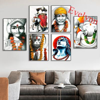 อินเดีย Hanuman Lord พระอิศวร Lord Ganesha Sai Baba Mataji ผ้าใบพิมพ์โปสเตอร์ Modern Home Living Room Wall Art Decor ภาพวาด