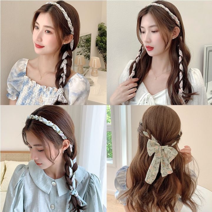 Floral Print Long Ribbon Hairband Pearl Braided Headband Streamers Hair  Hoop For Girls Hair Accessories | Lazada