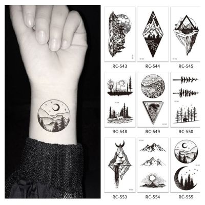 5Pcs/Set Temporary Tattoo Stickers Black Mountain Forest Pattern Waterproof Disposable Body Art Makeup tatouage temporaire