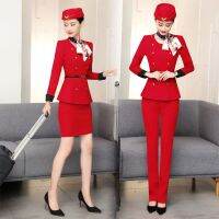 New Style Red Airline Stewardess Clothes Women Pant Suit Hotel Reception SPA Restaurant Waitress Uniform For Work Wear