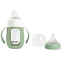 BEABA ถ้วยหัดดื่ม 2 in 1 Glass Learning Bottle 210 ml with Silicone Protective Sleeve 210 ml  - Frosty Green