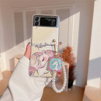 เคสแบบฝาพับสำหรับ Samsung Galaxy Z Flip4 Z Flip3 Z 5G ฮาร์ดพีซีสร้อยคอพร้อมจี้แฟชั่นผ้าหุ้มหลังทาสีเคสอัลตราสลิมเคสโปร่งใส