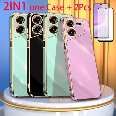 2 IN 1 Tecno Pova 5 Gold Edge Plating Case With Two Piece Curved Ceramic Screen Protector