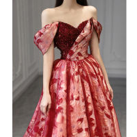 Glary Star One-Shoulder Bridal Burgundy Engagement Dresses ชุดอาวุโส Sense