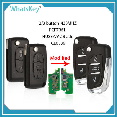 Whatskey 2/3ปุ่มแก้ไข Kunci Remote Mobil พลิกสำหรับ Peugeot 307 308 407การควบคุม408ถาม433Mhz PCF7961 CE0536 HU83/VA2
