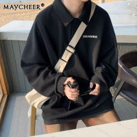 MAYCHEER เสื้อสเวตเชิ้ตเสื้อโปโลผู้ชาย,สเวตเชิ้ตแฟชั่นหนาทรงหลวมเสื้อแขนยาวมีปกแบบเสื้อโค๊ตคู่รักอินเทรนด์