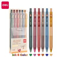 หมึก Set Pulpen Deli เจลทาสีเล็บหมึก6สี0.5มม. ทำรายงานด้วยมือกระดาษโน้ตพับเก็บได้ปากกาลูกลื่นเครื่องเขียนการเขียนในห้องเรียน