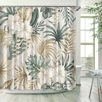 Palm Leaves Shower Curtain Blue White Tropical Style For Bathroom Decor w/  Hooks