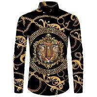 Golden Lion Pattern 3D Print Men Shirts Long Sleeve Turn-down Collar Button Tops Fashion Baroque Style Mens Streetwear Clothing