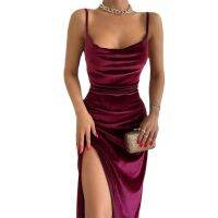 y Dress Velvet Spaghetti Strap Bodycon Split High Waist Tunic Summer Club Midi Evening Party Dress Women