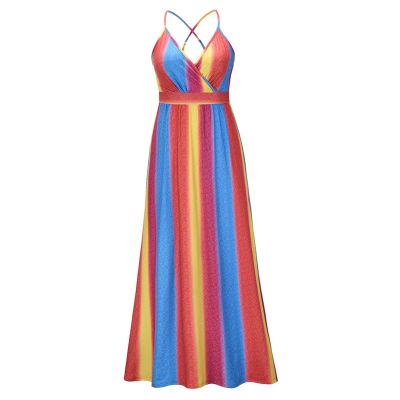 ผู้หญิงสายสปาเก็ตตี้ Wrap Deep V คอ Maxi Long Swing Dress Boho ดอกไม้พิมพ์ Crisscross Backless จีบ Sundress