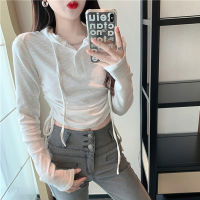 Lace Up Pleated Autumn T-Shirts Women Hooded Long Sleeve Casual Shirts Tops Vintage Harajuku White Slim Fit Streetwear M171