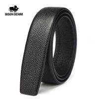 BISON DENIM Men No Buckle Belt High Quality Genuine Leather 3.4cm Width Belts Luxury Waistband Without Buckle Jeans Accessories Belts