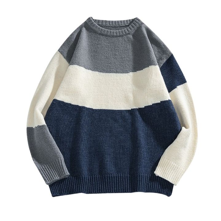 codtheresa-finger-3-color-sweater-korean-mens-casual-sweater-stitching-color-blocking-korean-trendy-boys-dress-round-neck-sweater-korean-sweater-japanese-college-style-casual-tops-couple-sweater-curre