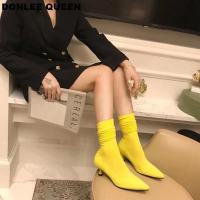 Ankle Boots Women Pointed Toe Sock Boots Thin Heels Booties Ladies Shoes Fashion Stretch knit Candy Color Boot Mujer Big size 41