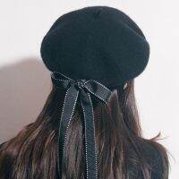 2022 New Fashion Women Soft Bow Elegant Berets Winter Warm Hat Harajuku Wool Beret Hat with Bowknot